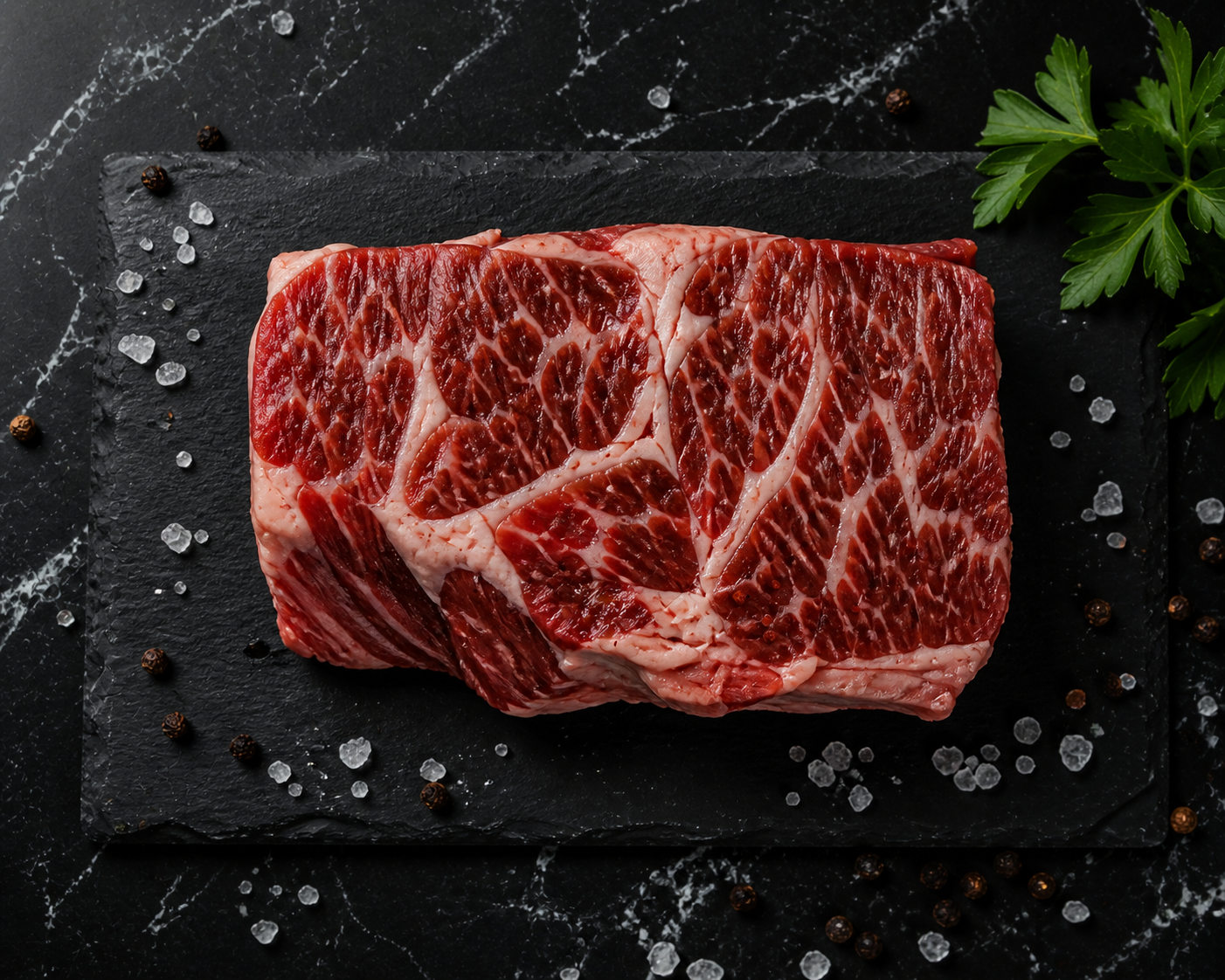 Wagyu Denver Steak Fillets on black marble with salt and pepper