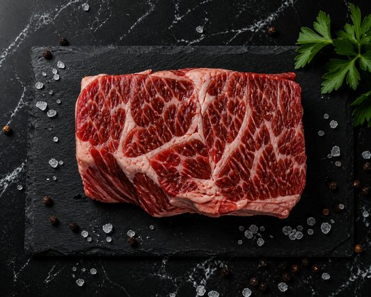 Wagyu Denver Steak Fillets on black marble with salt and pepper