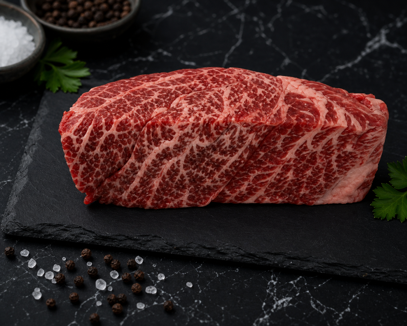 Side view of Wagyu Denver Steak Fillets on black slate