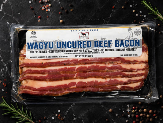 Wagyu X uncured beef bacon, 10 oz package with 6 to 7 slices