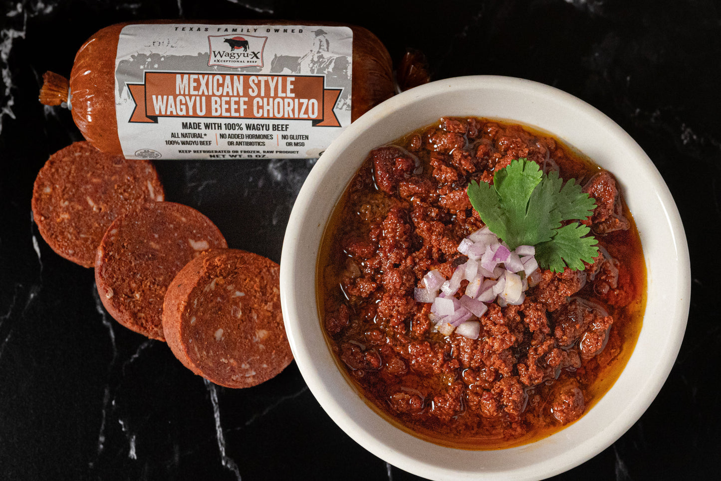 Wagyu-X Mexican Style Wagyu beef chorizo served with red onion and cilantro
