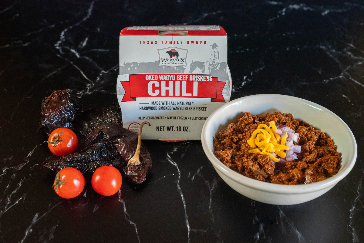 Wagyu-X smoked Wagyu beef brisket chili served with cheddar and red onion